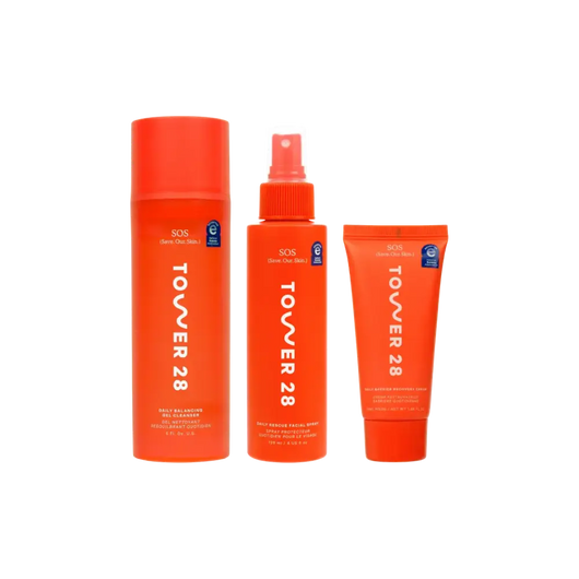 Tower 28 Beauty SOS 3-Step Skincare Kit: SOS Gel Cleanser, SOS Rescue Spray, and SOS Recovery Cream. [Shared]